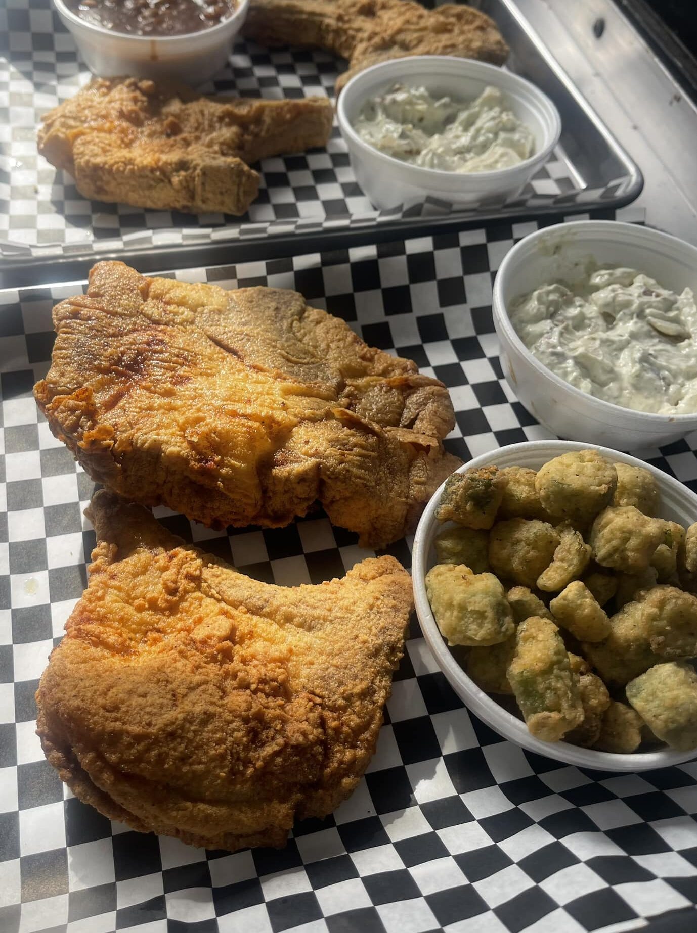 Double Pork Chops with fried okra and potato salad